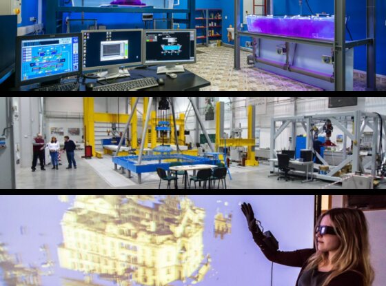 Laboratóriá a technologické pracoviská TUKE: riadiaci pult, hala s konštrukciou, virtuálna realita